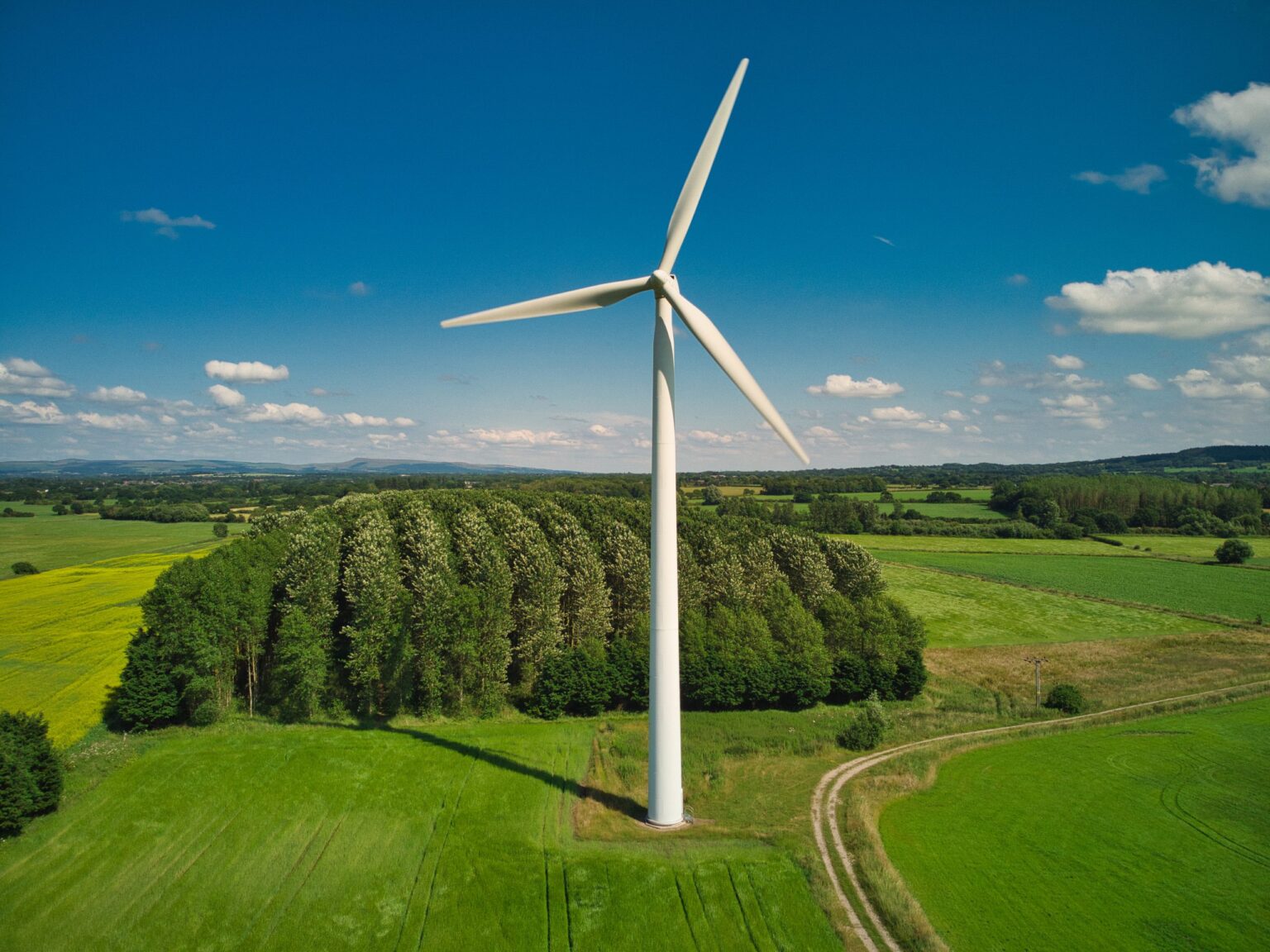 aerial view of rural wind turbine